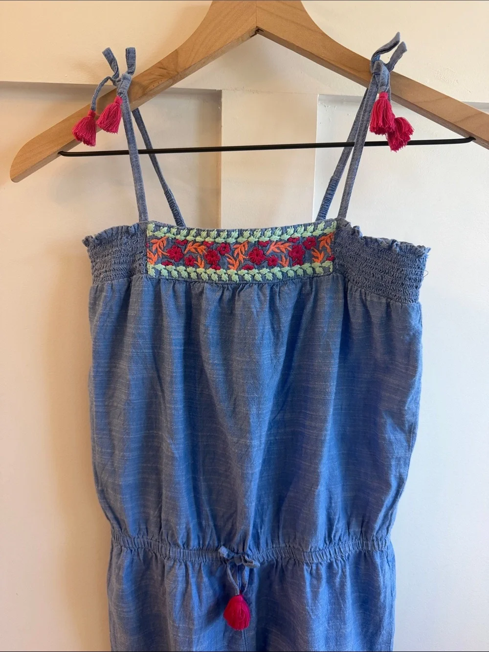 Hatley Girls Embroidered Smocked Chambray Jumpsuit Size 12